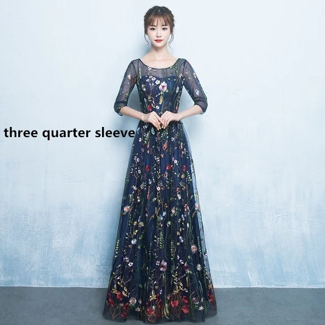 Черные цветочные длинные рукава с аппликацией Элегантные молнии вечерние платья длиной до пола Вечерние платья LX102 больше стилей - Цвет: Тёмно-синий
