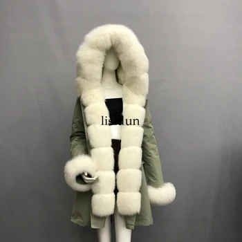 

2019 fashion winter jacket women real fur coat natural real fox fur collar loose long parkas big fur outerwear Detachable