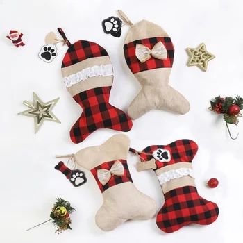 

Black and Red Plaid Christmas Stockings Socks Fish and Bone Fireplace Hanging Ornaments 4-piece set