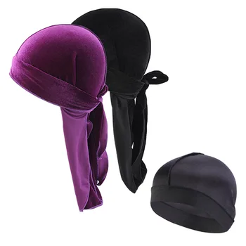 

3 Pcs Set Velvet Durag and Dome Cap Unisex Women Men do doo du rag Long Tail Pirate Head Wrap Solid Color Head Wear Chemo Cap