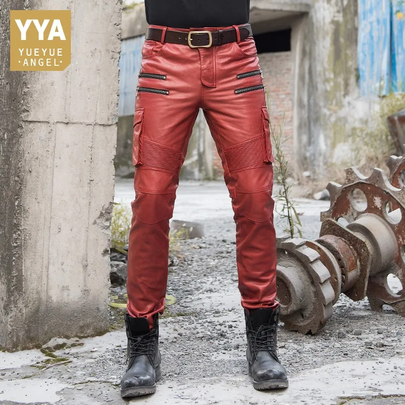 

Mens Autumn Winter Sheepskin Real Lether Pencil Pants Multi Pocket Tactical Pants Leather Motorcycle Slim Fit Long Trousers 36