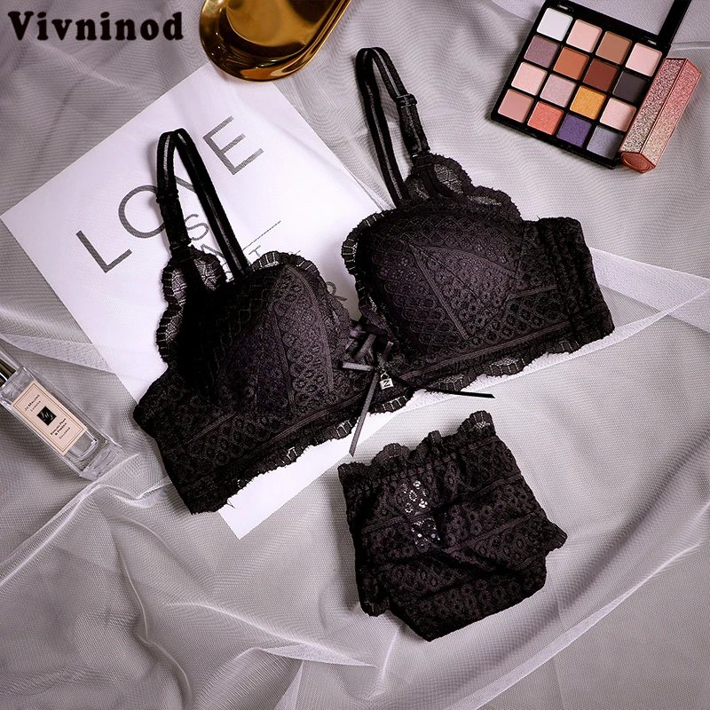 

Women Lace Underwear Women Padded Panties Bra Set French Lace Fabric One-piece Thickened Cup Gathered Bra Set Sexy Lingerie Sets