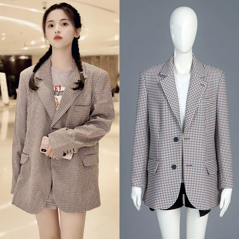 Vintage Women Plaid Blazer 2019 Fall Office Lady Single Breasted Notched Long Blazer Jacket Autumn Suit Coat Womens Blazers