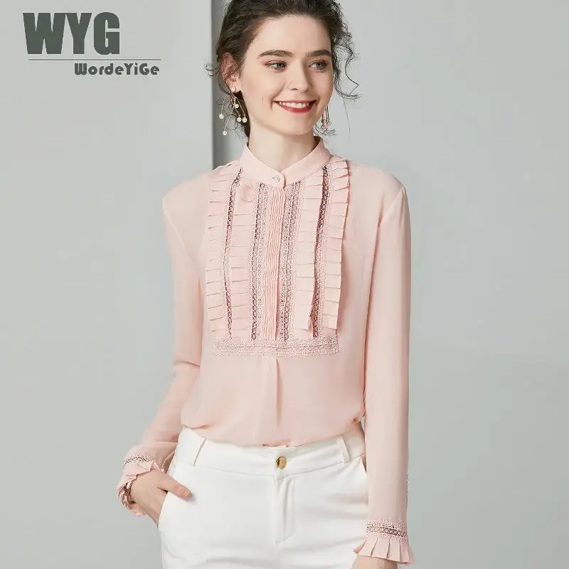 

Elegant Chiffon Blouses Shirts 2020 Spring New Korean Fashion Style Pleated Lace Patchwork Long Sleeve Sweet Pink Green Tops