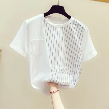 

Stripe White Tshirt Woman 2020 Summer Wear New Design Irregular Stripes Short Sleeved Round Collar T-shirt Women's Casual Tee T