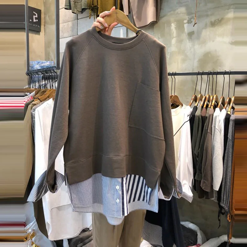 South Korea Autumn New Style WOMEN'S Dress Korean-style Mock Two-Piece Hoodie Long Sleeve Loose-Fit Stripes Hoodie with Sle