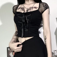 Goth T-shirt Women Bodycon Bandage Lace Black T-shirts Gothic Streetwear Sexy Female Top Casual Mesh Tee