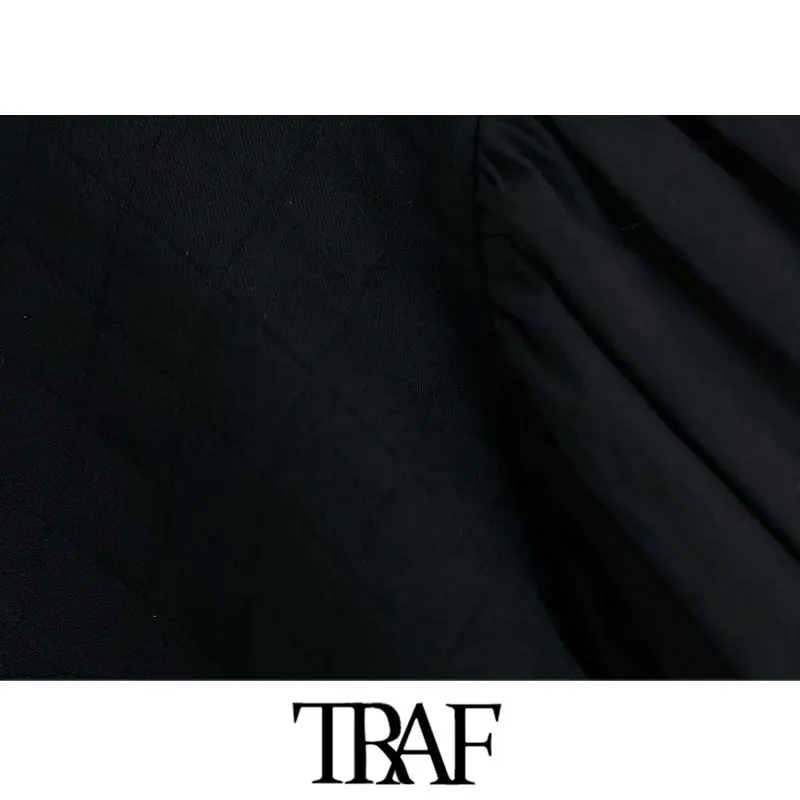 TRAF, Женская винтажная стильная Базовая черная стеганая толстовка, Модные женские пуловеры с круглым вырезом и рукавом-фонариком, шикарные топы