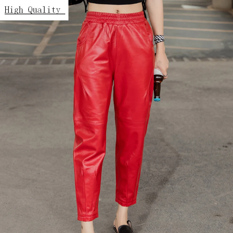 Женские брюки-карандаш из натуральной кожи красные повседневные осенние брюки