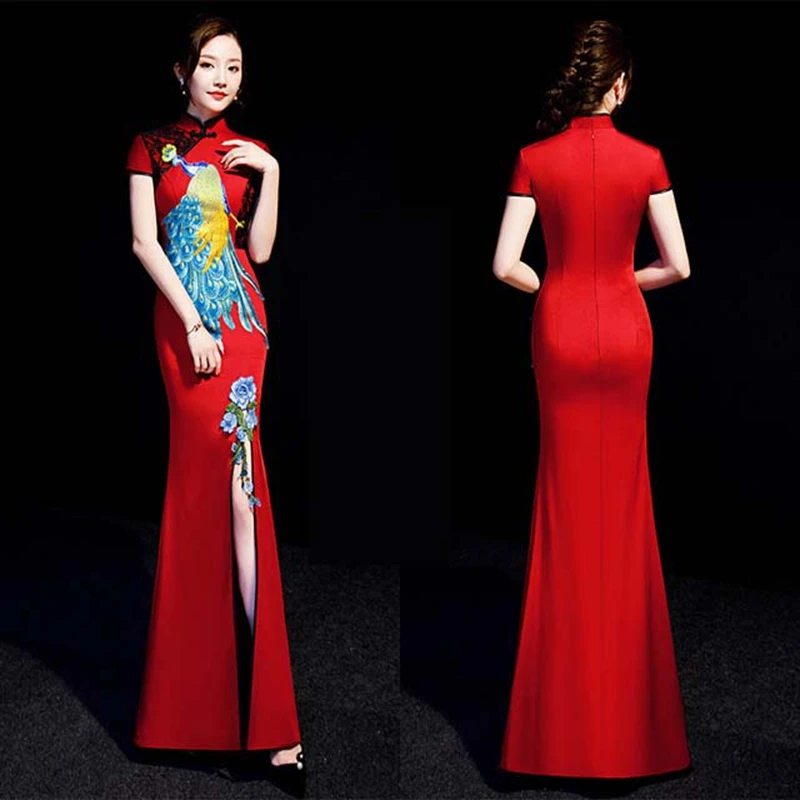 Подиум шоу хор cheongsam рыбий хвост юбка среднего возраста и пожилых команда сцена ведущий был тонкий Ципао для банкета вечернее платье
