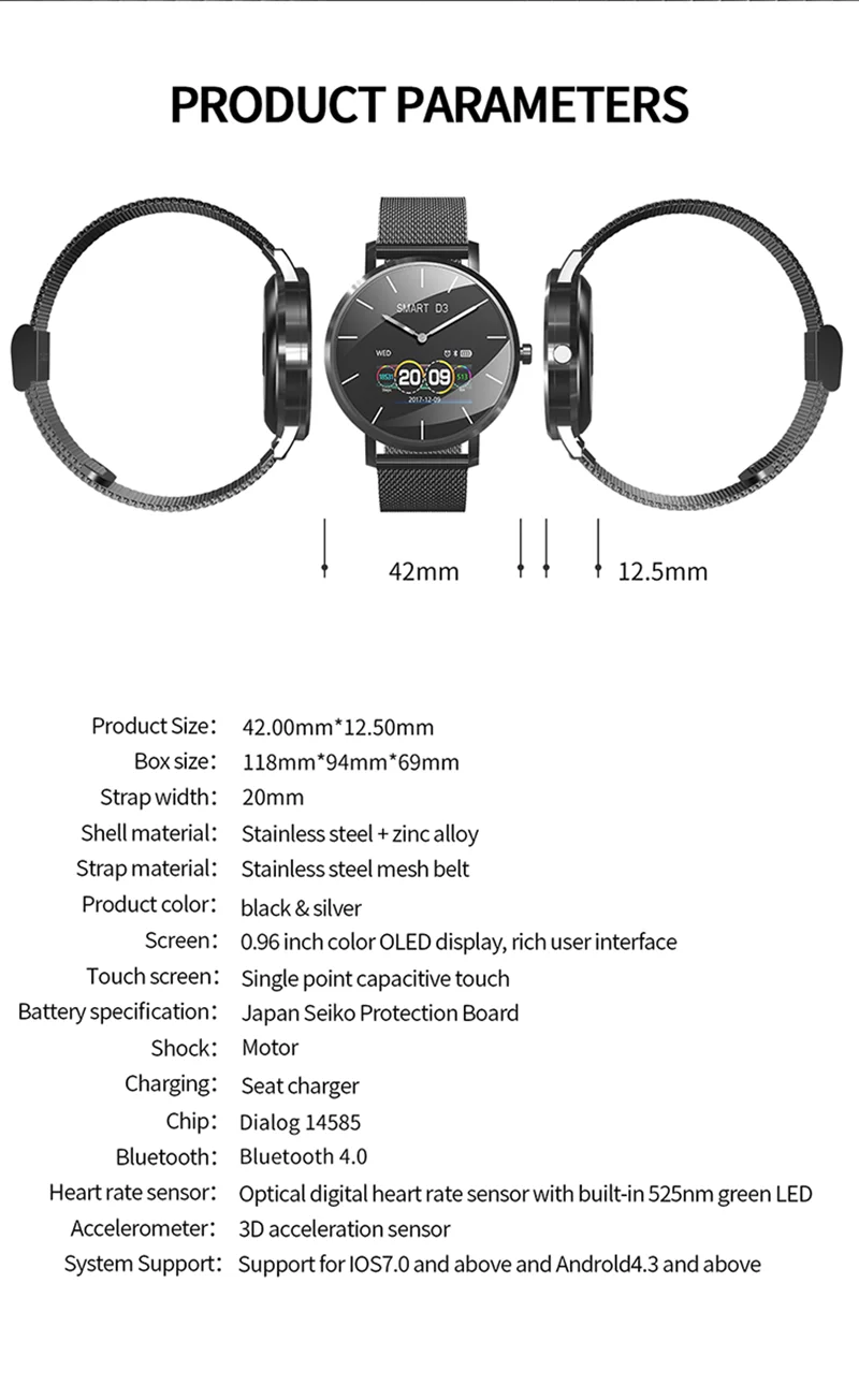 Bluetooth 4,0 Смарт-часы D3 фитнес-браслет трекер активности пульсометр кровяное давление для ios Android apple iPhone 6 7