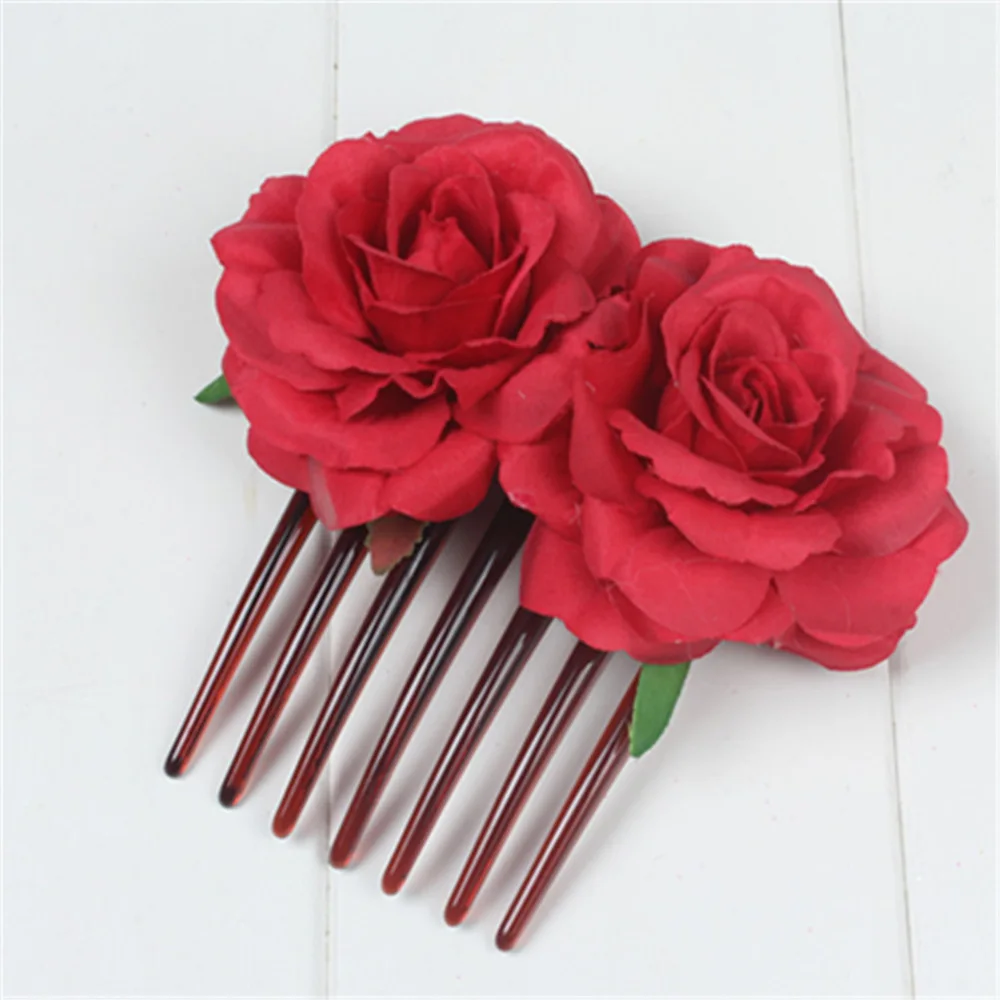 Горячая Мода для женщин и девушек Двойной Шелковый цветок розы расческа для волос зажим свадебные вечерние заколки для волос Инструменты для укладки волос - Цвет: red