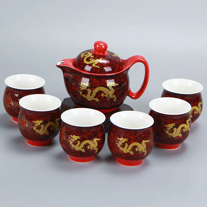 

Haoxuan Golden Dragon Blue Jinlong Red Golden Dragon Top Grade 7 Head Double Layer fang tang bei Tea Set Kung Fu Tea Set Gift