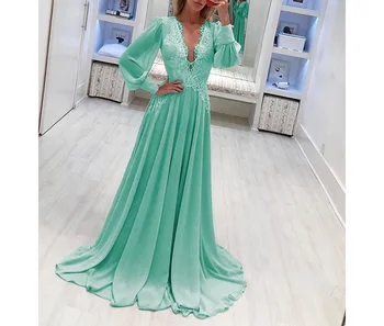 

Women sexy v neck long sleeve lace patchwork chiffon maxi dress Green pink party frocks Plus size dresses for women 4xl 5xl 6xl