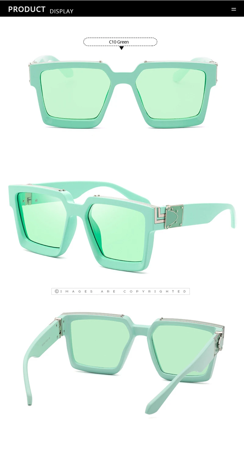 Explore three perspectives of the Oversized Sunglasses for Men and Women in mint green: a front view demonstrating their UV400 protection lenses, a side angle emphasizing the retro designer style arm, and an angled back view revealing the thick frame. The lightly tinted lenses seamlessly combine style with safety.