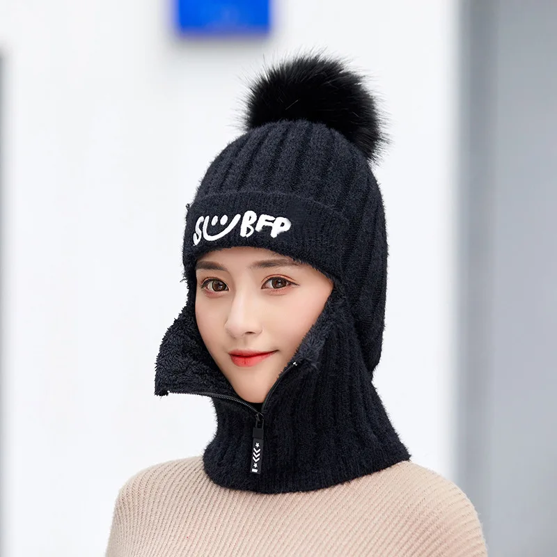 

2pcs Knit Beanie Hat and Scarf Set Hairball Pompom Hats Female Thick Hat Winter Warm Cute Girls Fashion Letter Smiley Zipper hat