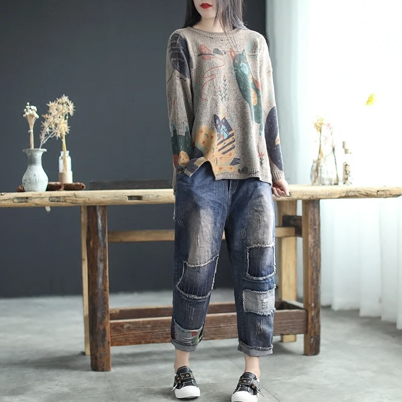 

Fall Retro Literary Jeans Female Hole Ripped Loose Fit Patchwork Long Pants Casual Women Straight Washed Ankle Length Pants