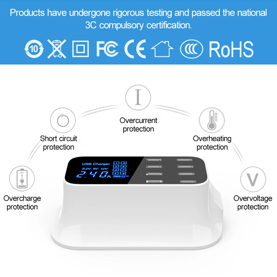 SCOMAS Quick Charge 3.0 Smart USB Type C Charger Station 45W 8 ports Fast Charging Phone Tablet USB Charger For iPhone Samsung