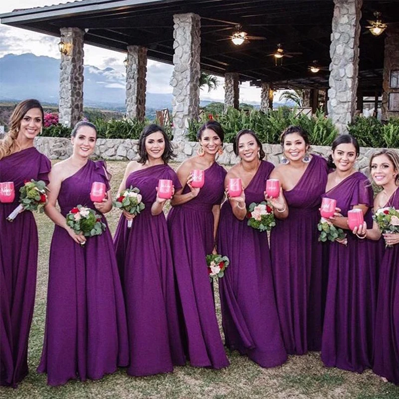 Plus Size Long Dark Purple Bridesmaid Dresses with Pleats - Chiffon, One Shoulder Design - Customize for Maid of Honor and Parties for Women image 2