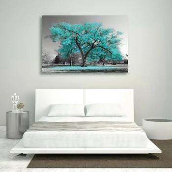 

Unframed Print Painting Large Tree Teal Turquoise Leaves Black White Canvas Wall Art Picture Print Decor Wonderful Gift
