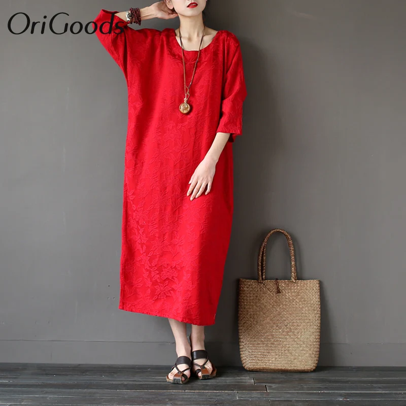 Женское хлопковое жаккардовое платье OriGoods однотонное длинное красного синего