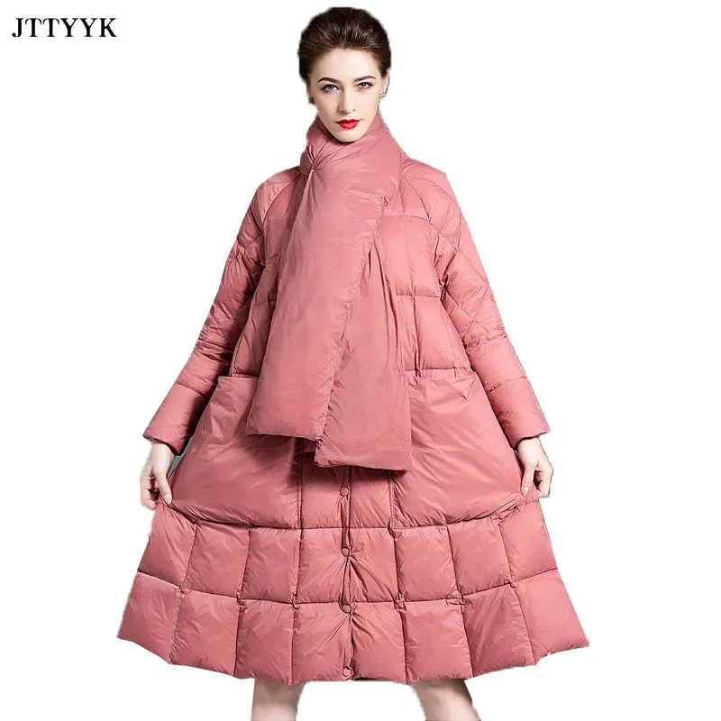 

2020 Winter New High-quality Scarf Collar Parka Down Jacket Women Fashion Long A-line Down Coat Thick And Warm Down Coats Female