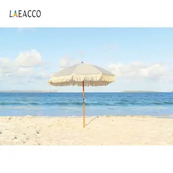 

Laeacco Blue Sky White Clouds Sea Beach Parasol Photography Backgrounds Summer Holiday Portrait Photo Backdrops Birthday Props