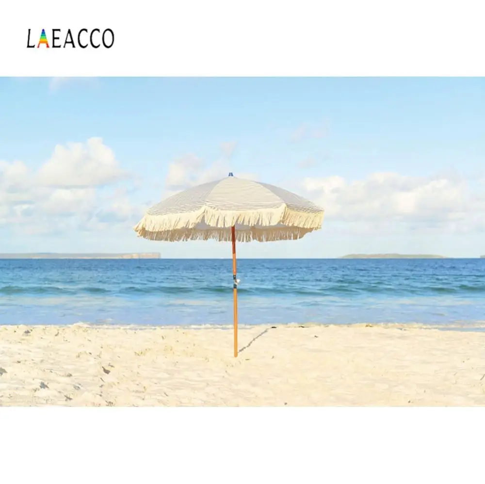 Фотофоны Laeacco с изображением голубого неба белых облаков морского пляжа зонтика