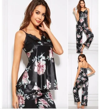 

Sexy Women Floral Pajamas Sets Polyester Female Tank Tops Long Pants Satin Home Sleepwear Outfits Nightwear Soft Silk Clothes