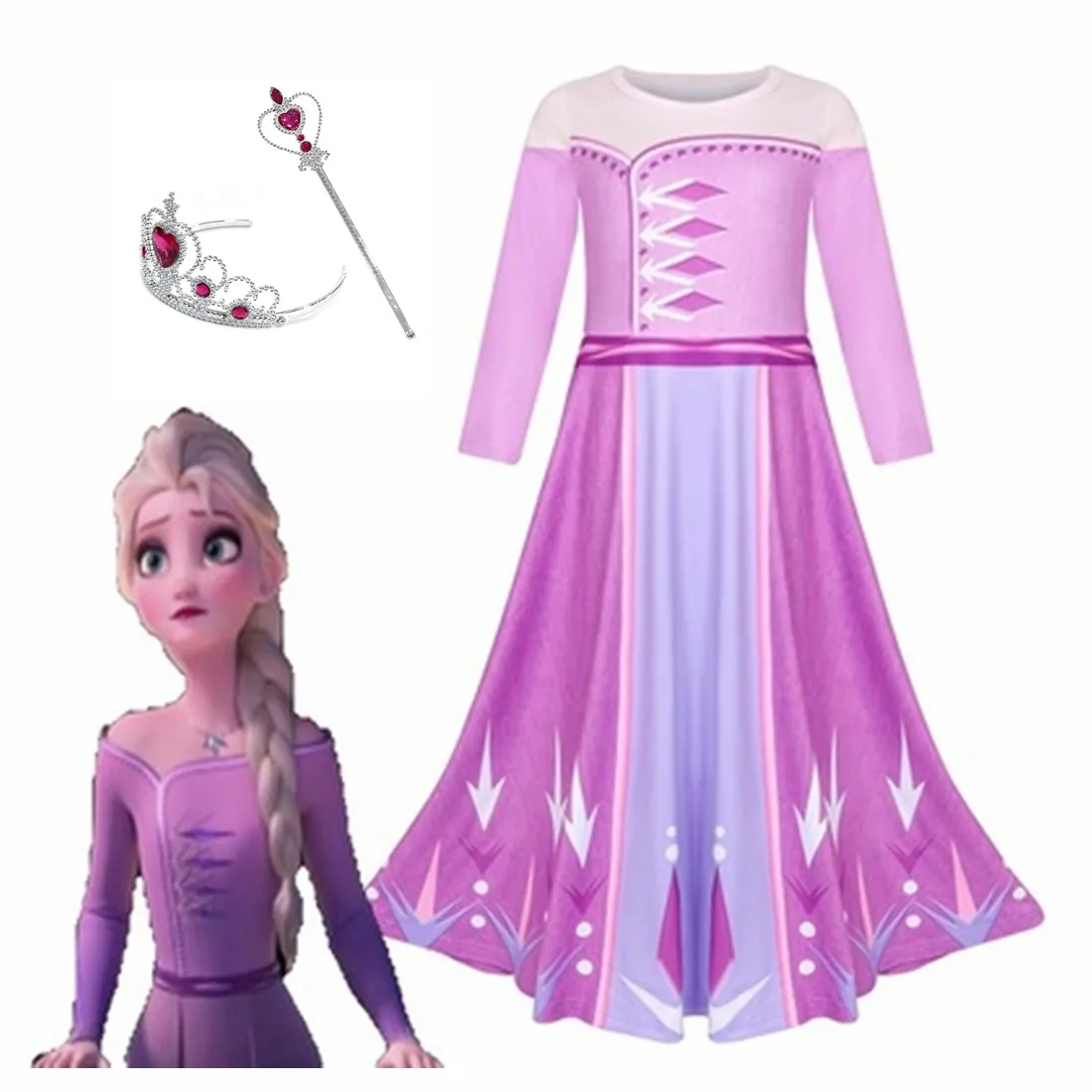 

Newest Snow Queen 2 Elsa Dresses Beautiful Children's Clothing Purple Print Pajamas Cosplay Children's Clothing Casual