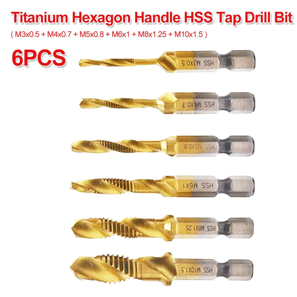 6PCS M3-M10 Metric Thread Titanium Coated HSS Drill and Tap Bits 1//4/" Hex Shank
