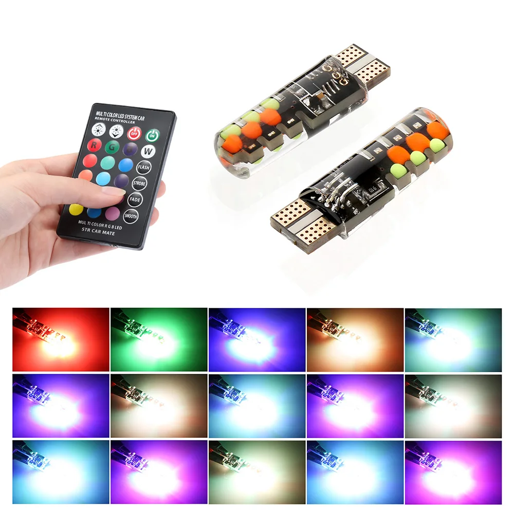 Led W5W T10 RGB габаритный свет универсальный автомобиль RGB COB 12SMDs красочные многорежимные автомобильные лампочки с пультом дистанционного управления