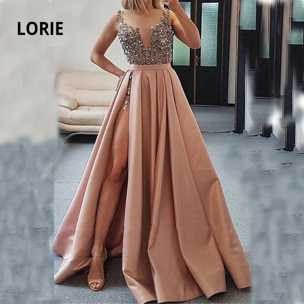 

LORIE Luxurious Beading Prom Dress Long with Split 2019 Sleeveelss Beautiful Princess Formal Evening Party Gowns with Satin