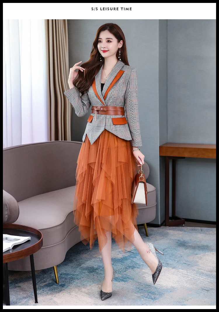 Orange suit Новинка, модный клетчатый Блейзер, сетчатая юбка в складку, костюм, комплект для девушек, Официальный Блейзер, юбка, комплект, пиджак, юбка, костюмы для женщин - Цвет: Orange suit