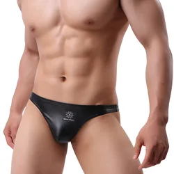 Men's Faux Leather Thong Bikini Swim Briefs - S (Black)