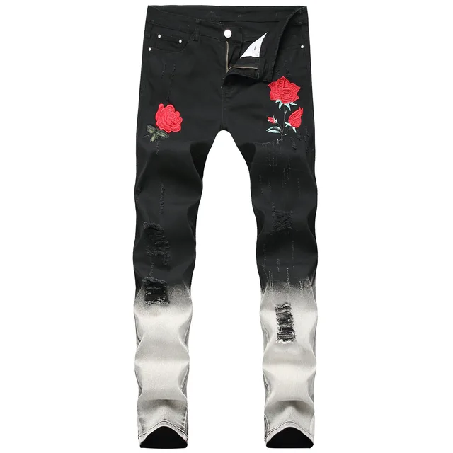 Black White Patchwork Ripped Men Jeans 