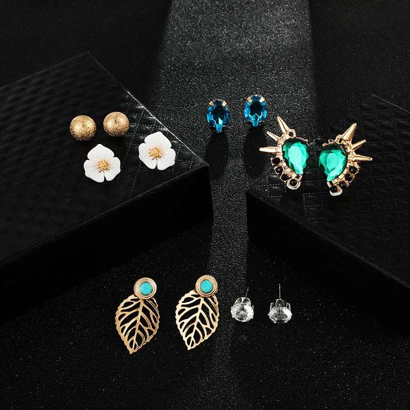 6 пар/уп. Набор шпилек для ушей женские Стразы цветы листья праздничный вечер бал