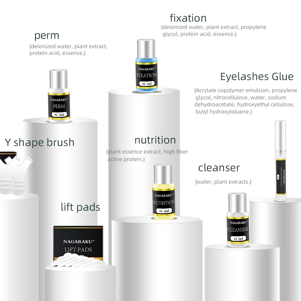 NAGARAKU Eyelashes Lift Kit Lasting Lift Pads Y Shape Brush Perm Fixation Nutrition Cleanser Eyelash Glue Lashes Curler Kit