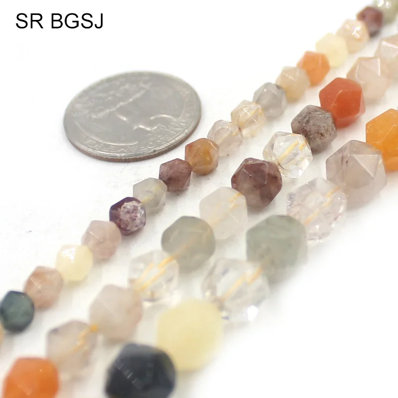 Free Shipping 6mm 8mm 10mm Faceted Round Polygonal Gems Genuine Natural Stone Mixed Rutilated Quartz Beads Strand 15&quot|bead strands|quartz