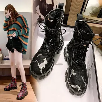 comprar Zíper Chunky Outono Botas De Tornozelo Feminino Punk Rendas Até Plataforma De Calcanhar Grosso Botas De Pele Inverno Martins Goth Botas De Motocicleta Feminina