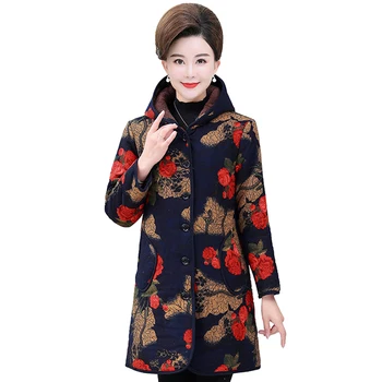 

2020 Middle-aged Women's Winter Jackets Plus Size 5XL Autumn Retro Print Warm Plush Long Parkas Winter Long Coat with Hooded