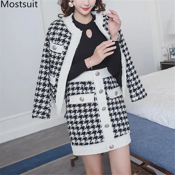 

Tweed Houndstooth 2 Piece Skirt Sets Outfits Women Long Sleeve Coat + Pencil Skirt Ladies Suits 2019 Autumn Winter High Quality