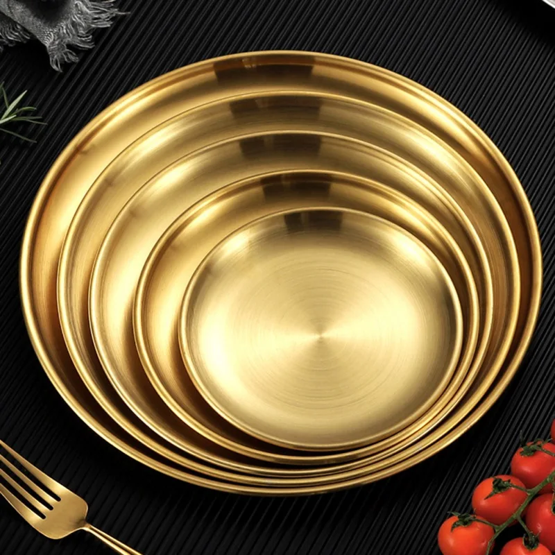 Stainless Steel Golden Tray Home Storage Luxurious Brass Gold Round Plate Fruit Cake Steak Snack Kitchen Supplies Metal | Дом и сад