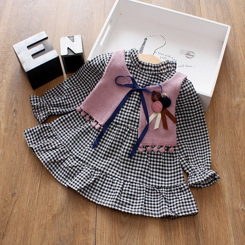 

Cute Autumn Baby Kids Girl Casual Long Sleeve Princess Lattice Dress + Solid Vest Toddler Clothes Set