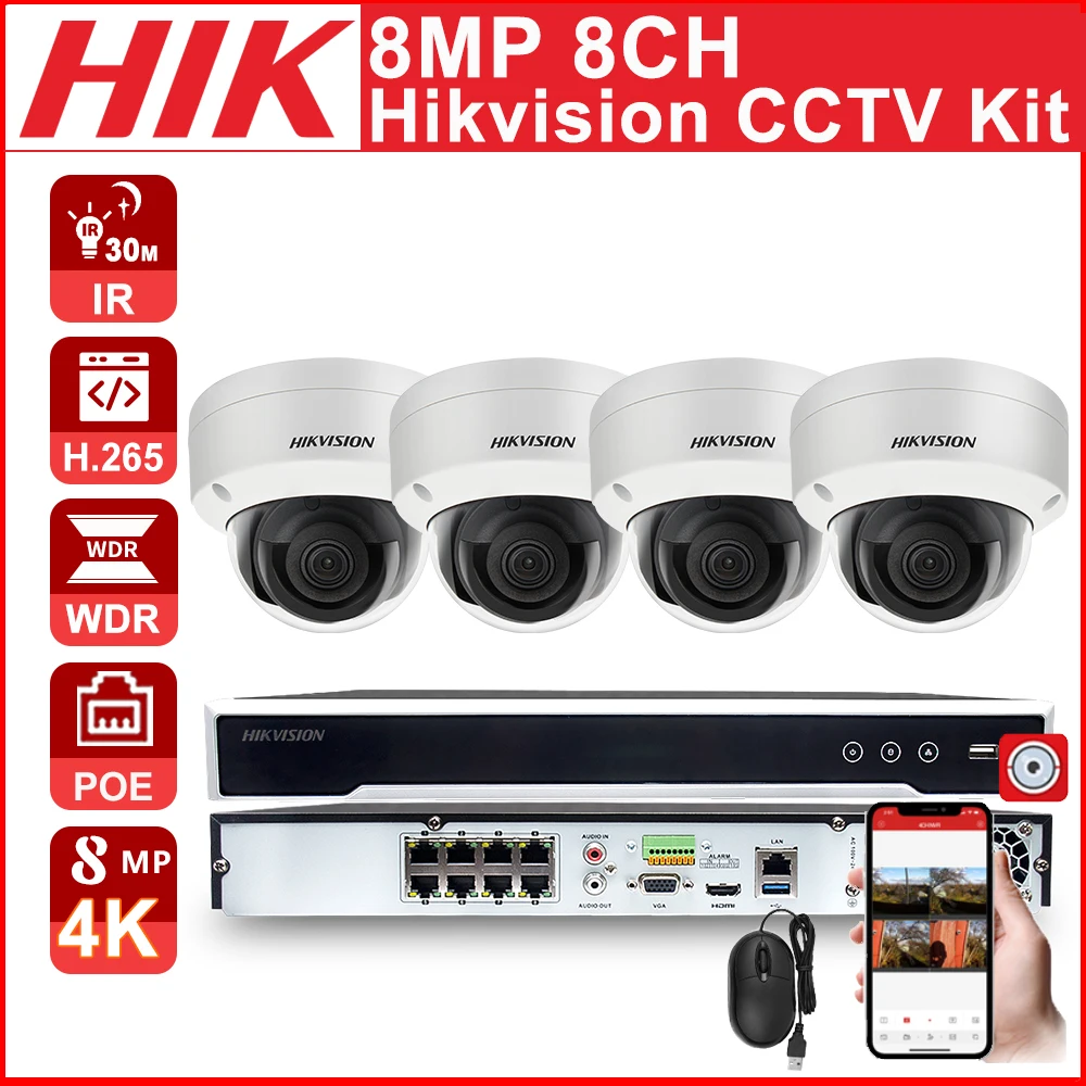 Hikvision 8MP CCTV Kit 4K POE IP Camera Dome DS-2CD2185FWD-I 8CH DS-7608NI-K2/8P APP Easy installation | Безопасность и защита