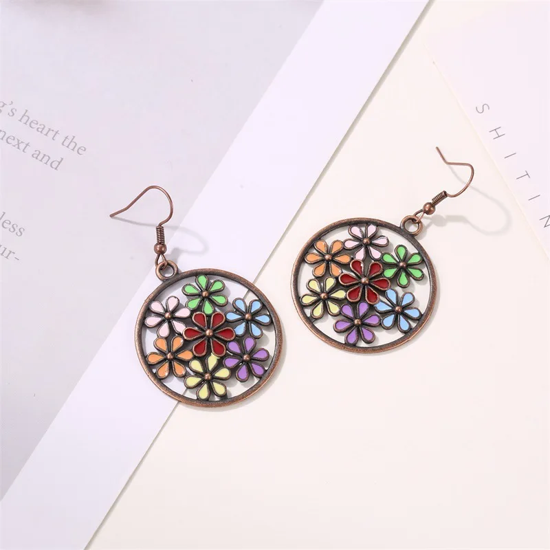

Sun Flower Pendant Earrings Ethnic Style Color Flowers Bohemian Earrings Female Retro Glamour Beach Party Jewelry