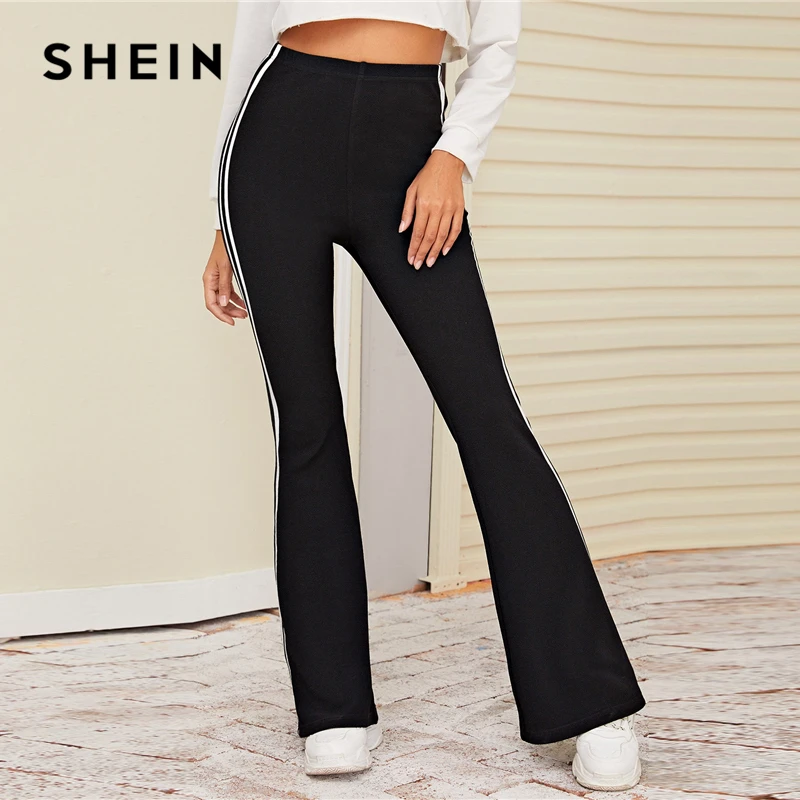 SHEIN, черные полосатые эластичные штаны с боками, женские штаны, осень, одежда для активного отдыха, высокая талия, Женские повседневные длинные брюки