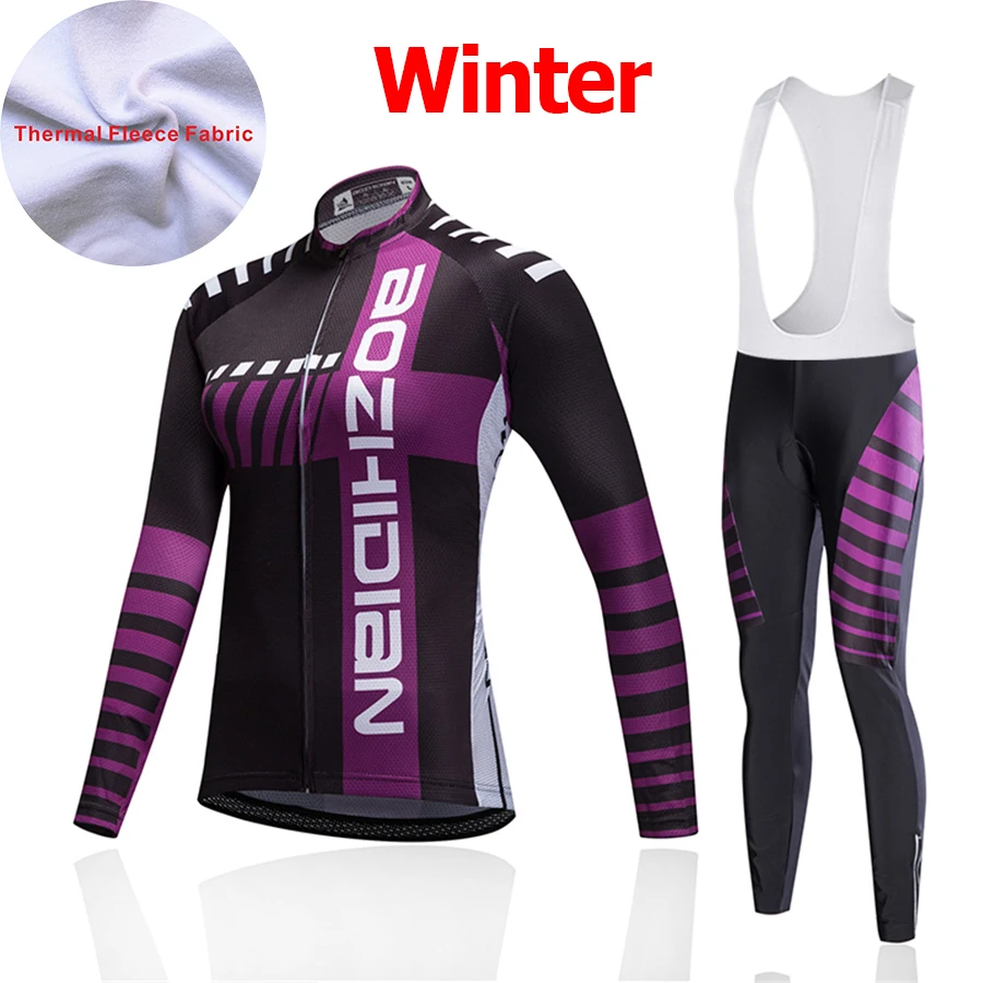 Winter Fleece-64 Женская фиолетовая одежда для велоспорта зимние кофты с длинным рукавом Велоспорт нагрудник брюки термобелье Флис Велосипед Одежда Майо Ciclismo - Цвет: Winter Fleece-64