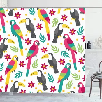 

Shower Curtain Set with Hooks 72x72 Inches Forest Summertime Paradise Holiday Plumeria Palm Macaw Rest Leaves Toucan Tropical