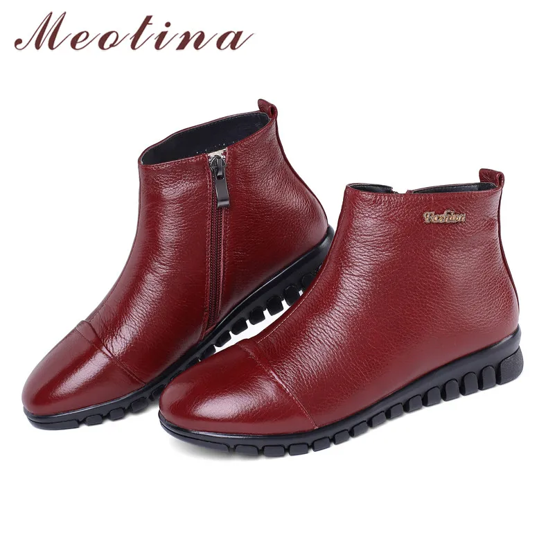 

Meotina Autumn Ankle Boots Women Natural Genuine Leather Zipper Flat Short Boots Fashion Round Toe Shoes Lady Autumn Size 34-43